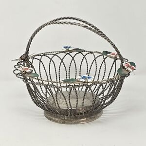 Vintage chrome metal wire fruit bowl basket retro flower kitchen décor rustic